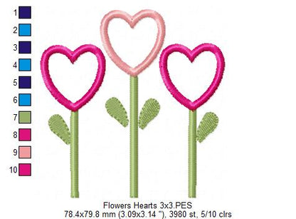 Three Flowers Hearts - Applique - Machine Embroidery Design
