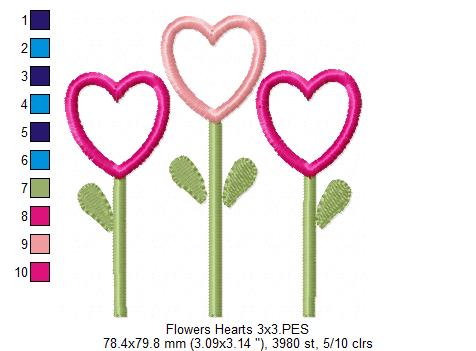 Three Flowers Hearts - Applique - Machine Embroidery Design