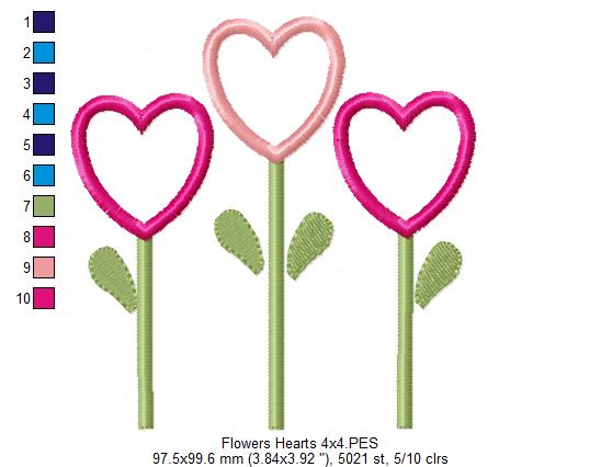 Three Flowers Hearts - Applique - Machine Embroidery Design