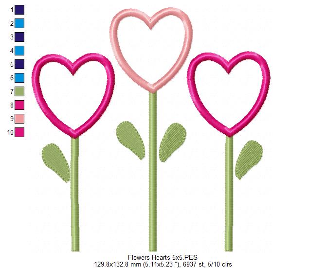 Three Flowers Hearts - Applique - Machine Embroidery Design