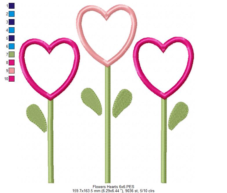 Three Flowers Hearts - Applique - Machine Embroidery Design