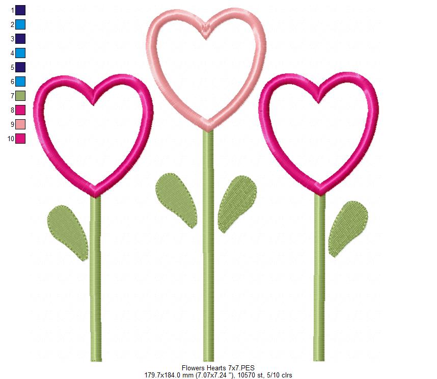 Three Flowers Hearts - Applique - Machine Embroidery Design