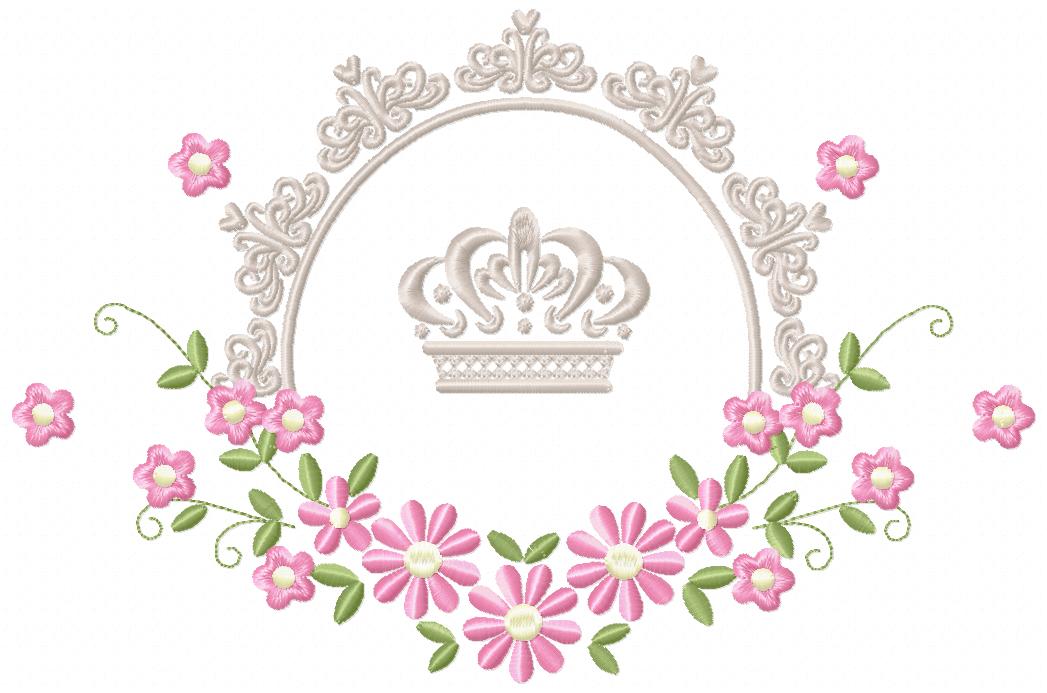 Delicate Floral Frame with Crown - Fill Stitch - Machine Embroidery Design