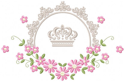 Delicate Floral Frame with Crown - Fill Stitch - Machine Embroidery Design