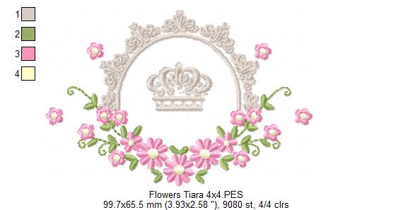 Delicate Floral Frame with Crown - Fill Stitch - Machine Embroidery Design
