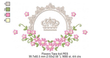Delicate Floral Frame with Crown - Fill Stitch - Machine Embroidery Design