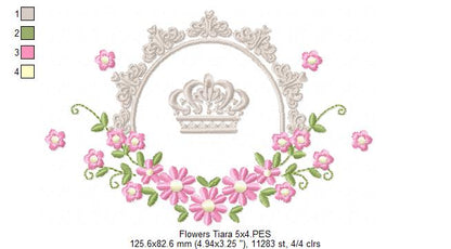 Delicate Floral Frame with Crown - Fill Stitch - Machine Embroidery Design