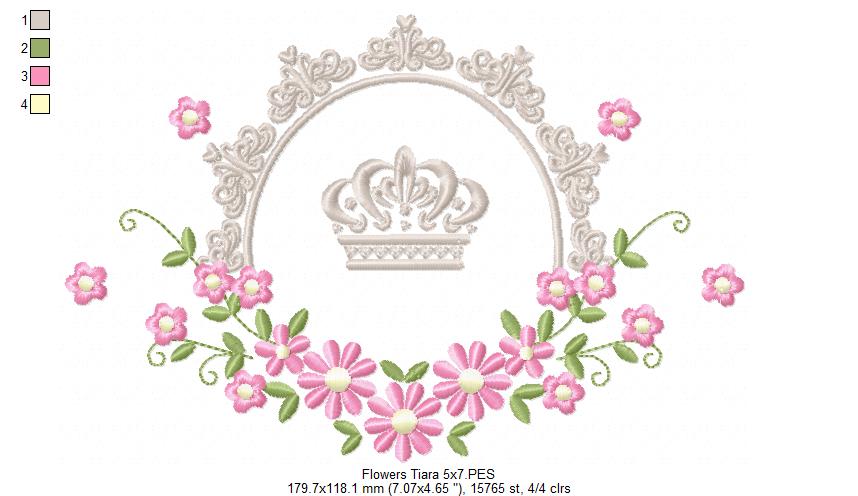 Delicate Floral Frame with Crown - Fill Stitch - Machine Embroidery Design