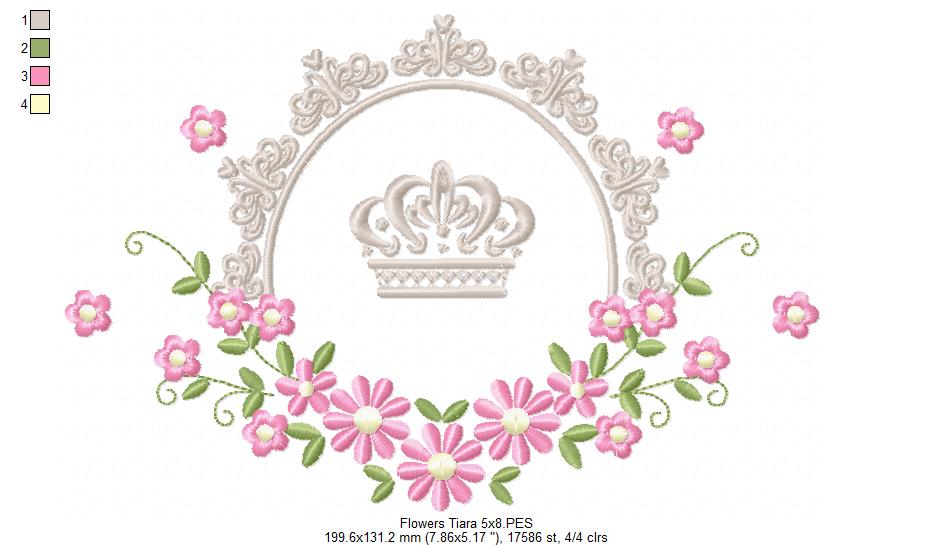 Delicate Floral Frame with Crown - Fill Stitch - Machine Embroidery Design