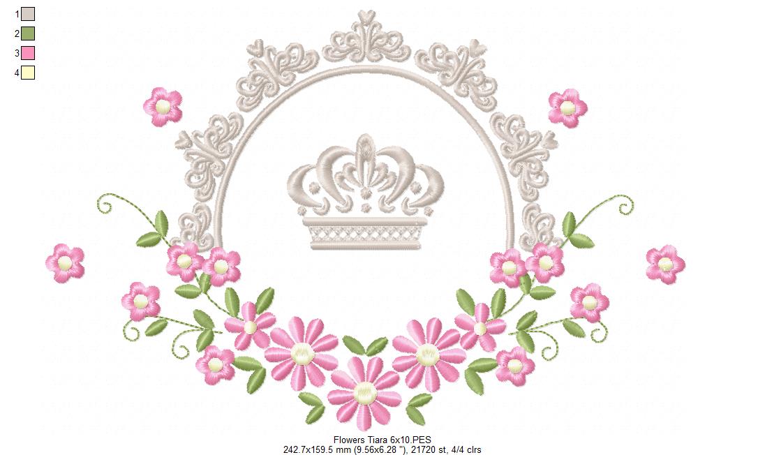 Delicate Floral Frame with Crown - Fill Stitch - Machine Embroidery Design