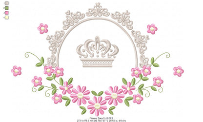 Delicate Floral Frame with Crown - Fill Stitch - Machine Embroidery Design