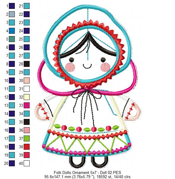 Folk Spring Dolls Ornaments Set of 2 Designs - ITH Project - Machine Embroidery Design