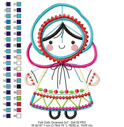 Folk Spring Dolls Ornaments Set of 2 Designs - ITH Project - Machine Embroidery Design