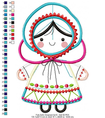 Folk Spring Dolls Ornaments Set of 2 Designs - ITH Project - Machine Embroidery Design