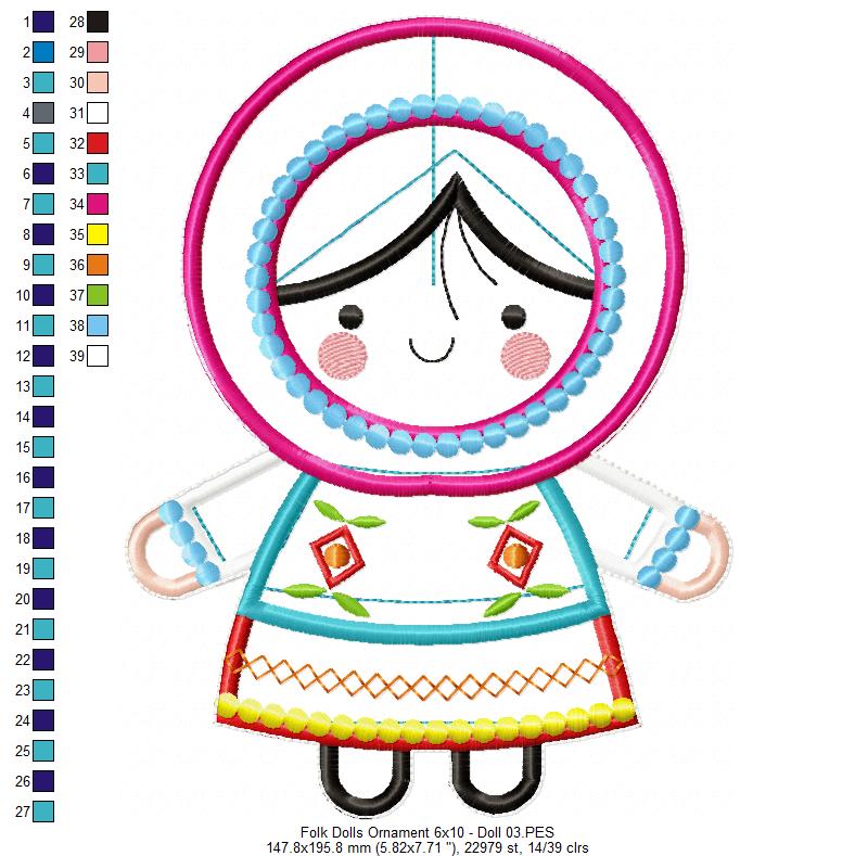 Folk Spring Dolls Ornaments Set of 2 Designs - ITH Project - Machine Embroidery Design