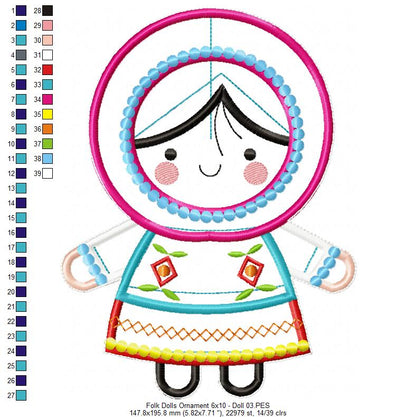 Folk Spring Dolls Ornaments Set of 2 Designs - ITH Project - Machine Embroidery Design