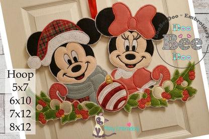 Holiday Mouse Couple Wreath Topper – ITH Project – Machine Embroidery Design