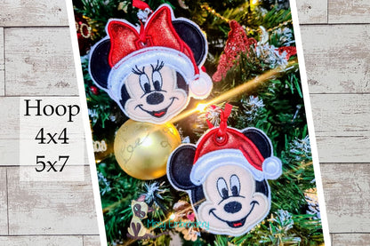 Cute Christmas Mouse Mickey and Minnie Ornaments – ITH Project – Machine Embroidery Design