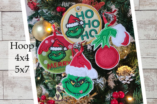 Christmas Grinch Ornaments - Set of 4 Designs – ITH Project – Machine Embroidery Design