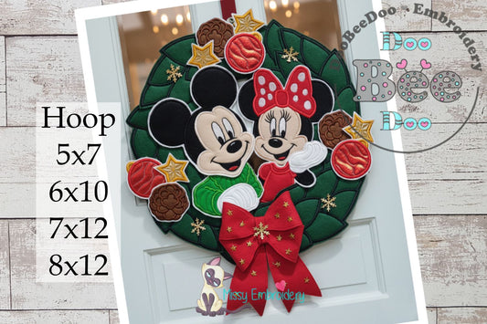 Christmas Mouse Couple Wreath Mickey and Minnie – ITH Project – Machine Embroidery Design