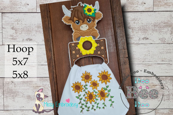 Highland Cow Sunflower Dish Cloth Hanger - ITH Project - Machine Embroidery Design