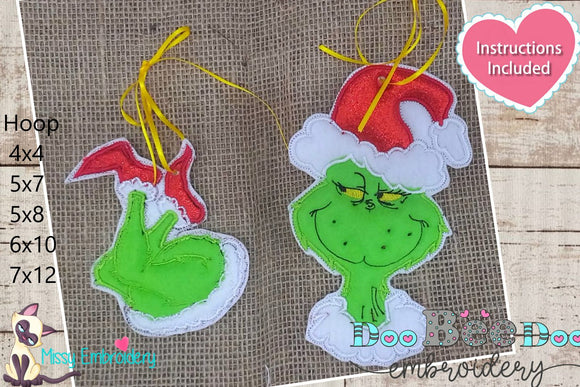 Grinch Tags Christmas Ornaments - ITH Project - Machine Embroidery Design