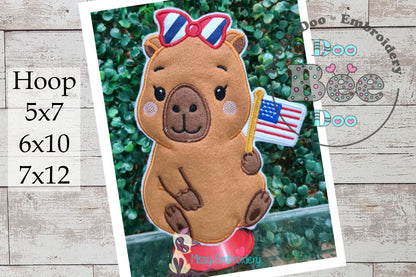 4th of July Cappybara Girl - Paper Towel Holder Cover - ITH Project - Machine Embroidery Design