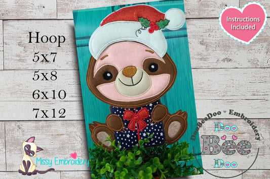 Christmas Sloth Holding a Gift - ITH Project - Machine Embroidery Design