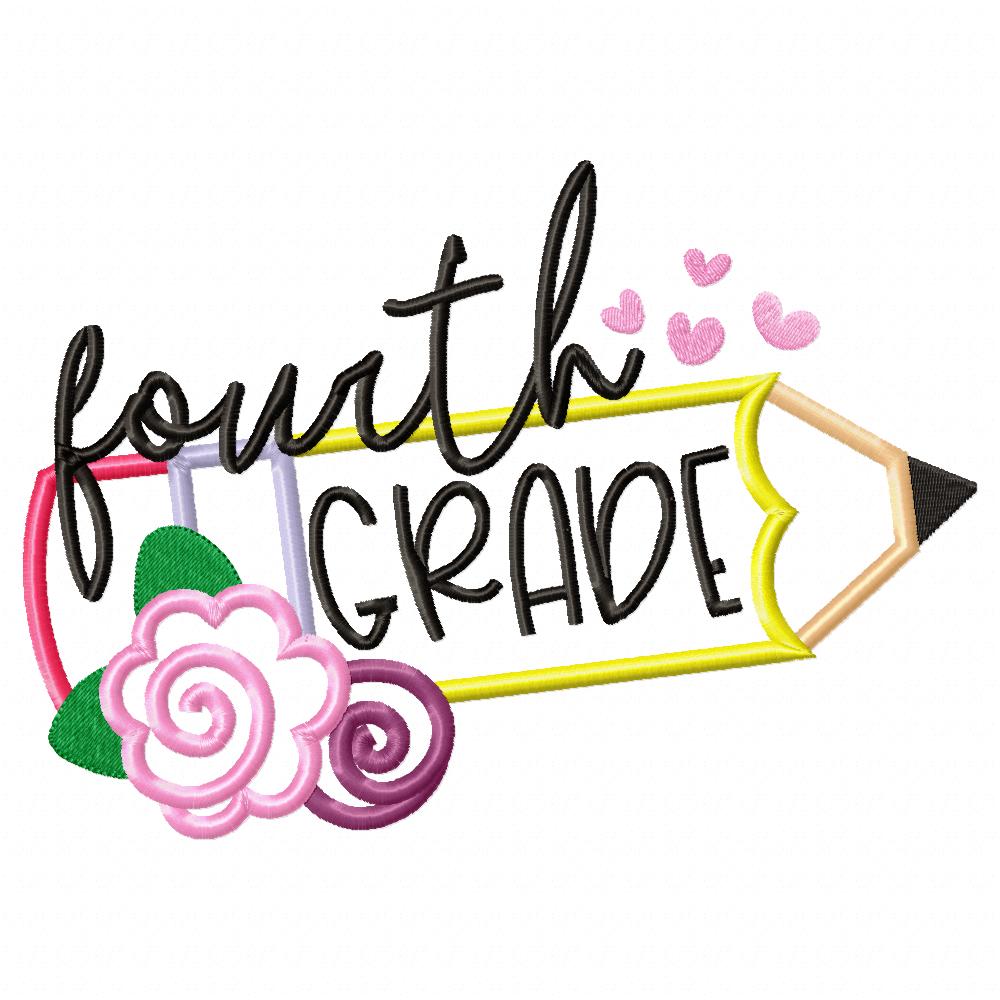 Fourth Grade Pencil and Flowers - Applique - Machine Embroidery Design