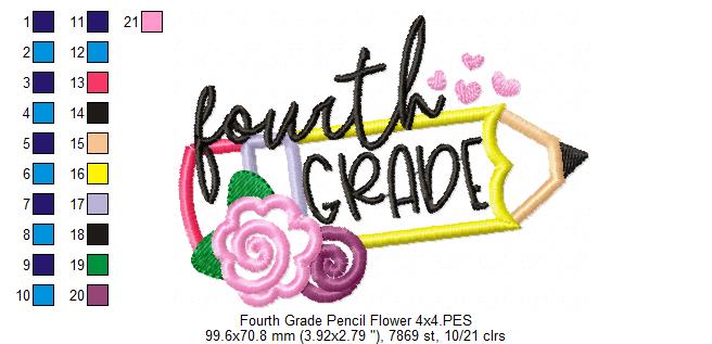 Fourth Grade Pencil and Flowers - Applique - Machine Embroidery Design