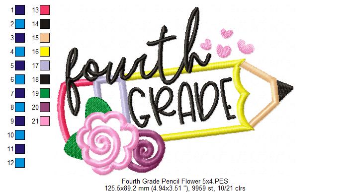 Fourth Grade Pencil and Flowers - Applique - Machine Embroidery Design