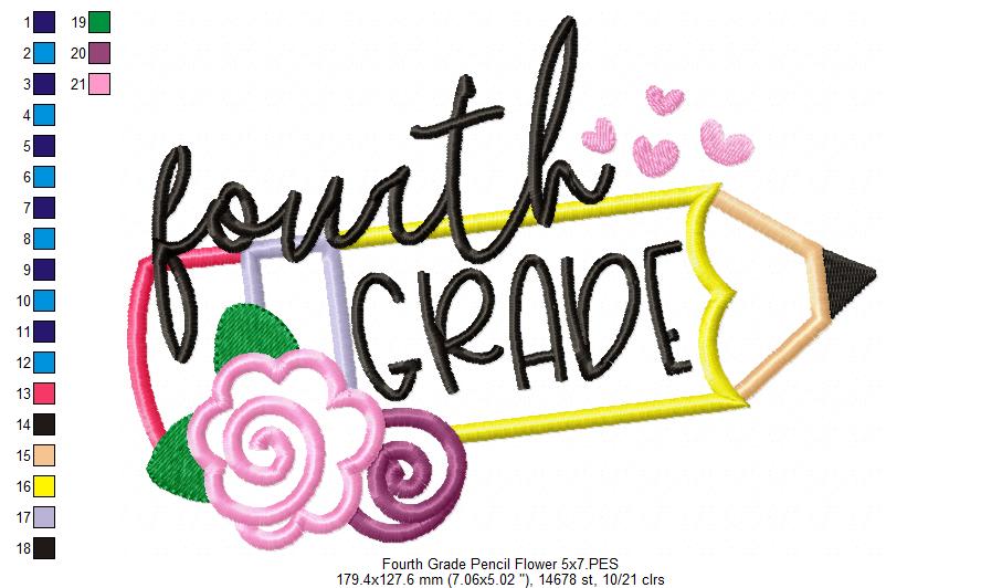 Fourth Grade Pencil and Flowers - Applique - Machine Embroidery Design