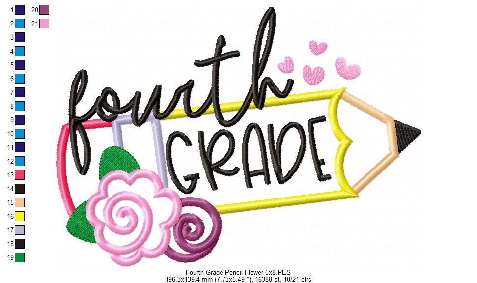 Fourth Grade Pencil and Flowers - Applique - Machine Embroidery Design