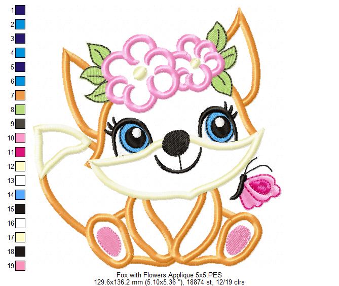 Fox Girl with Flowers - Applique - Machine Embroidery Design