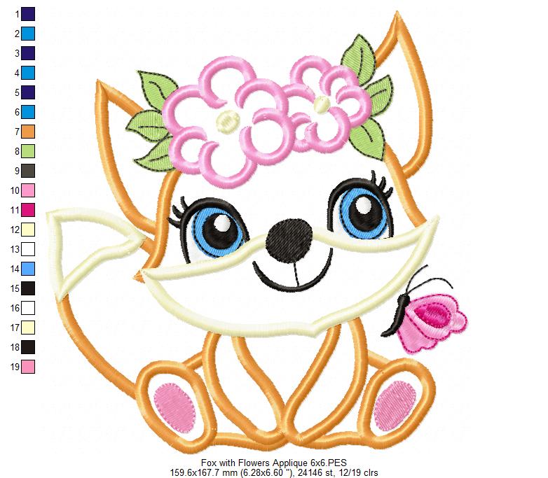 Fox Girl with Flowers - Applique - Machine Embroidery Design