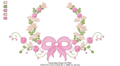 Delicate Floral Frame with Bow - Fill Stitch - Machine Embroidery Design