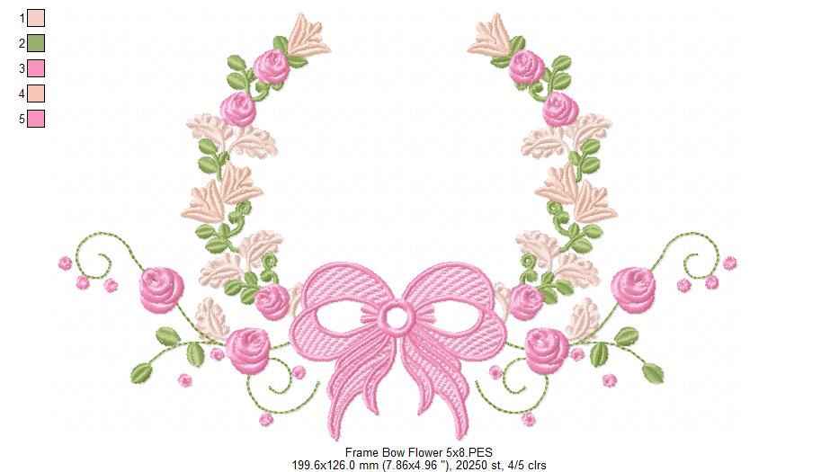 Delicate Floral Frame with Bow - Fill Stitch - Machine Embroidery Design