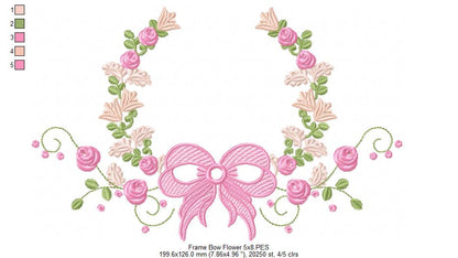 Delicate Floral Frame with Bow - Fill Stitch - Machine Embroidery Design