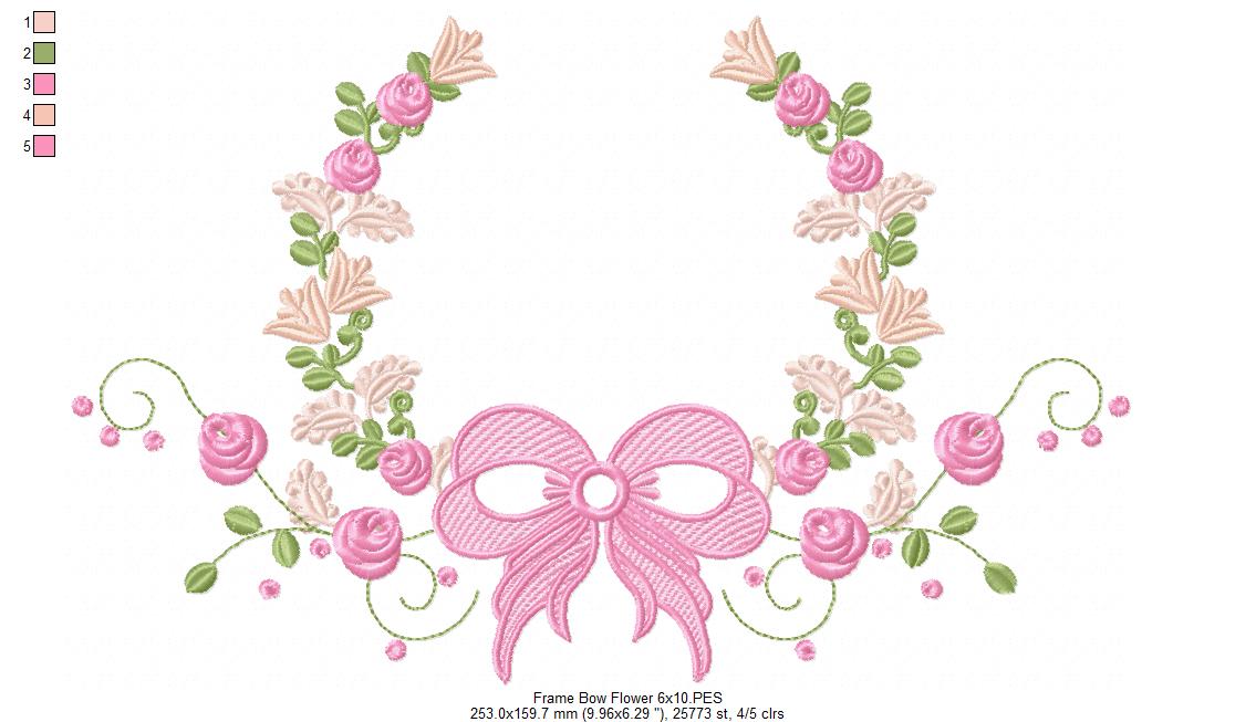 Delicate Floral Frame with Bow - Fill Stitch - Machine Embroidery Design