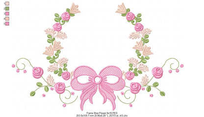 Delicate Floral Frame with Bow - Fill Stitch - Machine Embroidery Design