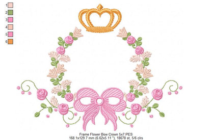 Delicate Floral Frame with Bow and Crown - Fill Stitch