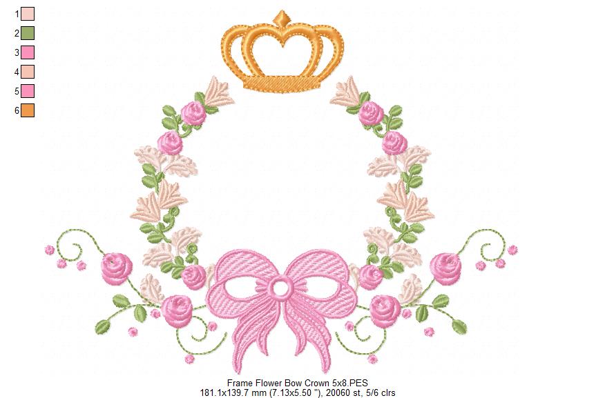 Delicate Floral Frame with Bow and Crown - Fill Stitch