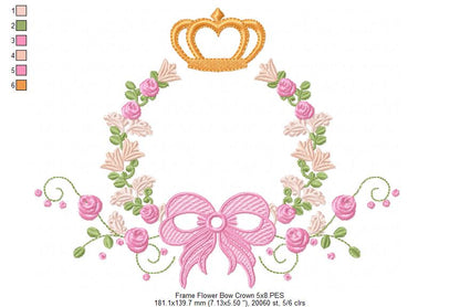 Delicate Floral Frame with Bow and Crown - Fill Stitch