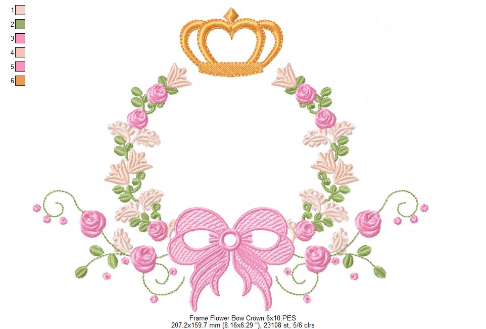 Delicate Floral Frame with Bow and Crown - Fill Stitch