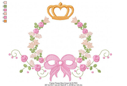 Delicate Floral Frame with Bow and Crown - Fill Stitch