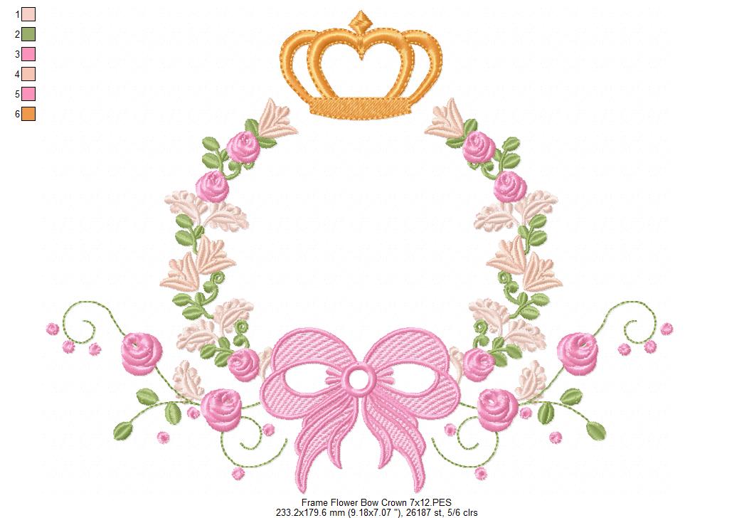 Delicate Floral Frame with Bow and Crown - Fill Stitch
