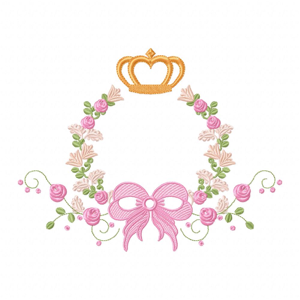 Delicate Floral Frame with Bow and Crown - Fill Stitch