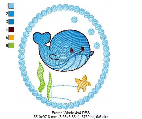 Cute Whale Frame - Rippled Stitch - Machine Embroidery Design