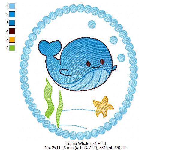 Cute Whale Frame - Rippled Stitch - Machine Embroidery Design