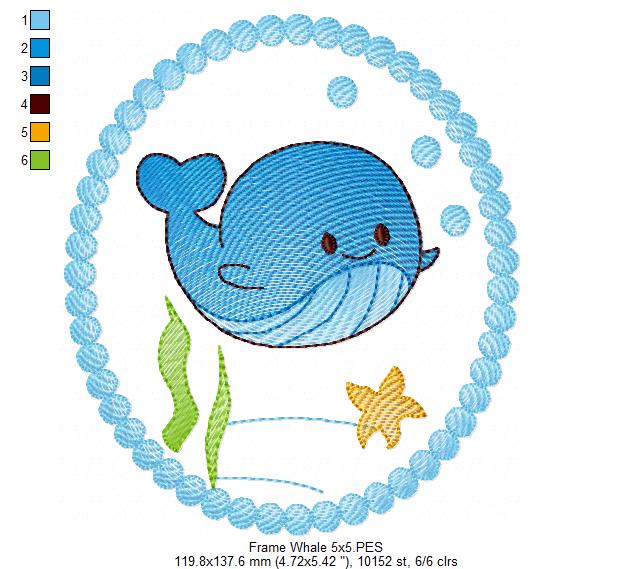 Cute Whale Frame - Rippled Stitch - Machine Embroidery Design